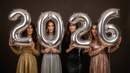 A group of four stylish friends celebrating the upcoming year 2026. They are holding large silver number balloons against a dark background, dressed for a party.の素材