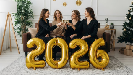 Four women celebrate the new year 2026 with golden balloons, toasting drinks, and smiling on a couch.の素材