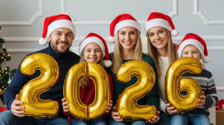 A joyful family of five, parents and three children, wearing festive Santa hats, smiles while holding large golden number balloons spelling out 2026 to celebrate the holiday season.の素材