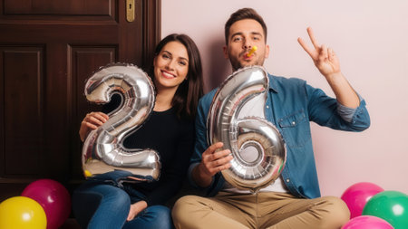 A happy young man and woman celebrate a 26th birthday or anniversary, holding silver number balloons and surrounded by colorful party decorations.の素材