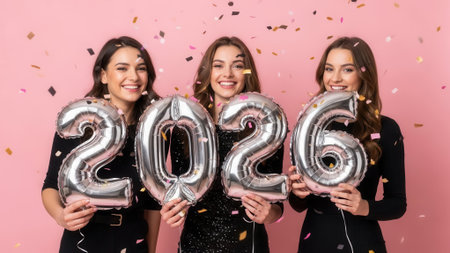 A group of smiling female friends in black dresses celebrate the new year 2026 with number balloons and falling confetti against a pink studio background.の素材