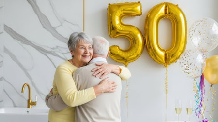 A joyous elderly couple with grey hair shares a warm hug in front of large golden number 50 balloons. They are smiling and celebrating a major life milestone together.の素材