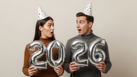 A shocked man and woman with open mouths wear festive hats and hold foil number balloons for the year 2026, looking at each other in disbelief on a plain background.の素材