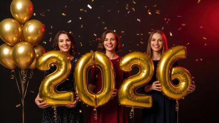 Three beautiful smiling women hold golden foil balloons forming the number 2026. They celebrate under falling confetti at a festive New Years Eve party.の素材