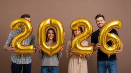 Four cheerful young people, two men and two women, celebrating the upcoming new year 2026, holding shiny golden foil number balloons while standing against a brown studio background.の素材