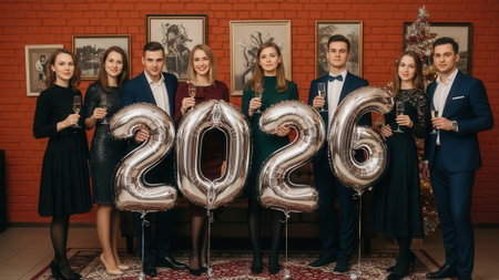 A cheerful group of young men and women dressed for a party hold glasses and large 2026 number balloons, celebrating the New Year in a festive indoor setting.の素材
