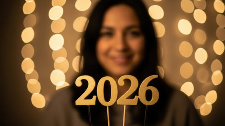A smiling woman holds up a golden 2026 sign in front of a warm, festive background of bokeh lights, celebrating the upcoming new year with hope and joy.の素材