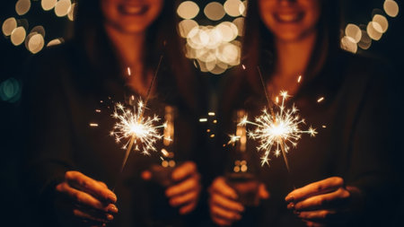 Close up of two people holding glowing sparklers. They are smiling in the dark with beautiful bokeh lights in the background creating a festive and celebratory mood.の素材