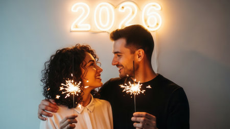 A smiling man and woman embrace while holding burning sparklers. A bright neon sign in the background displays the year 2026, creating a festive and romantic atmosphere.の素材