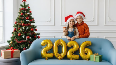 A smiling boy and girl in festive Santa hats pose behind a sofa with golden 2026 balloons, celebrating the upcoming New Year next to a Christmas tree and gifts.の素材