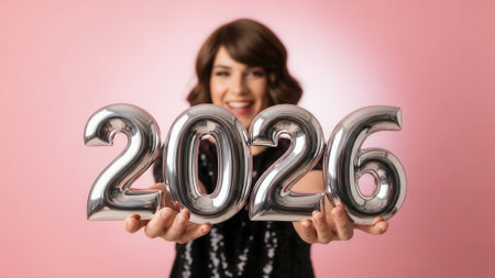 A smiling woman holds silver balloons forming the number 2026, celebrating the upcoming new year against a pink background.の素材