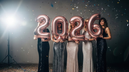 A group of five stylish women in sparkling dresses celebrate the upcoming year 2026. They are holding large metallic balloons under falling confetti at a glamorous party.の素材