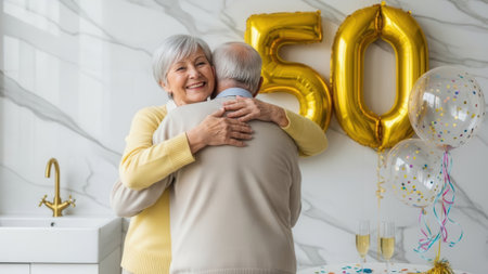 A happy elderly woman with grey hair smiles as she hugs her husband. They are celebrating their golden 50th wedding anniversary with large gold number balloons in the background.の素材