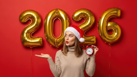 A cheerful young woman wearing a Christmas hat and sweater holds an alarm clock, celebrating the upcoming New Year 2026 against a vibrant red wall with large gold foil balloons.の素材