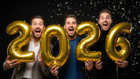 A group of three excited male friends hold shiny golden inflatable balloons forming the number 2026, celebrating the new year with falling confetti on a black background.の素材