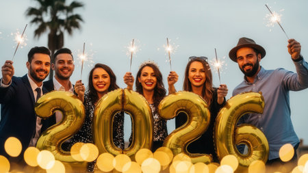 A group of cheerful multiethnic friends celebrate the arrival of 2026 holding golden number balloons and lit sparklers at an outdoor party during the evening.の素材