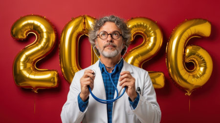 A mature male doctor in a white coat holds a stethoscope to his ears, standing before golden 2026 balloons on a red wall, contemplating the future of healthcare.の素材