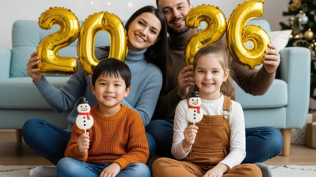 A cheerful family with two children sits on the floor holding golden 2026 balloons and snowman treats, celebrating the new year in their cozy living room.の素材