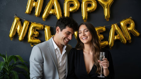 Portrait of a joyful and elegant couple celebrating the new year. The woman holds a glass of bubbly while they stand together under festive gold foil balloons.の素材
