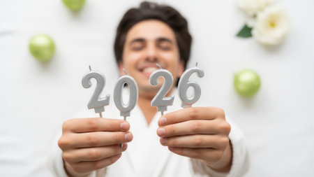 A cheerful young man with a blurred smile holds up silver number candles forming the year 2026. The background is white with green apples and white flowers creating a festive mood.の素材