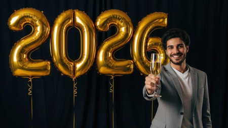 A cheerful man in a suit raises a glass of champagne, celebrating in front of large golden 2026 balloons against a dark background. New Years Eve party concept.の素材