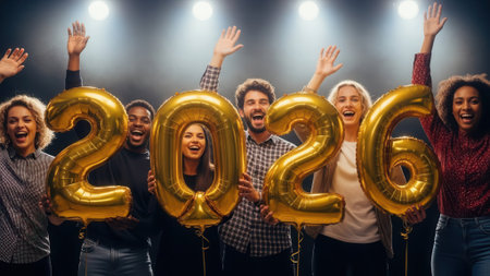 A cheerful multiethnic group of friends celebrating the arrival of 2026. They are holding large golden foil number balloons and waving happily at a festive party event.の素材