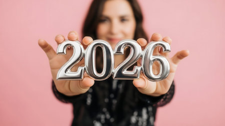 Selective focus on metallic 2026 numerals held by a woman with a blurred face against a solid pink background. Concept of future events and holidays.の素材