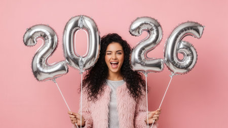 Joyful brunette girl with a beautiful smile holding shiny 2026 number balloons for a holiday party, standing isolated against a vibrant pink studio background.の素材