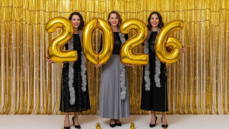 A group of happy friends in festive dresses hold large shiny gold number balloons for 2026, standing together against a sparkling gold tinsel curtain backdrop at a party.の素材