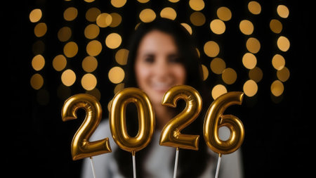 A woman smiles while holding golden 2026 balloons in front of a blurred bokeh background, celebrating the new year.の素材