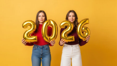 A studio portrait of two stylish young women celebrating the new year 2026. They are holding large gold foil number balloons against a vibrant yellow studio background.の素材