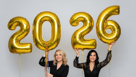 Two cheerful women in black dresses hold giant golden foil balloons spelling out 2026, celebrating the upcoming new year with a glass of champagne against a gray background.の素材