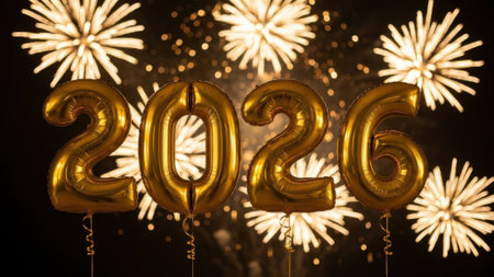 Shiny gold foil balloons forming the number 2026 float in front of a spectacular nighttime fireworks display celebrating the arrival of the new year.の素材