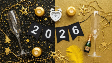 Top view flat lay for New Year 2026 with champagne glasses, candles, and festive decorations on a split black and gold background. Holiday party concept.の素材