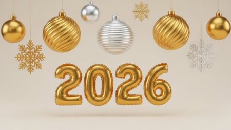 3D rendering of the year 2026 in shiny gold balloon numbers. Festive background with hanging gold and silver Christmas baubles and decorative snowflakes for a holiday celebration.の素材