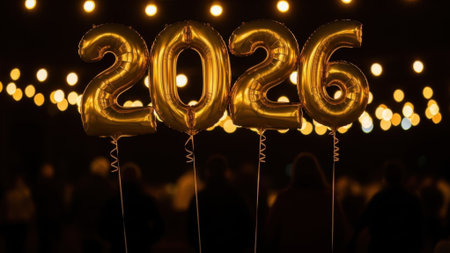 Shiny gold foil balloons forming the number 2026 for a New Year celebration. The background is dark with beautiful warm bokeh lights creating a festive party atmosphere.の素材