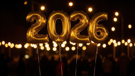Shiny golden foil balloons forming the number 2026 for a New Year celebration. The background is dark with warm, blurry bokeh lights creating a festive party atmosphere.の素材