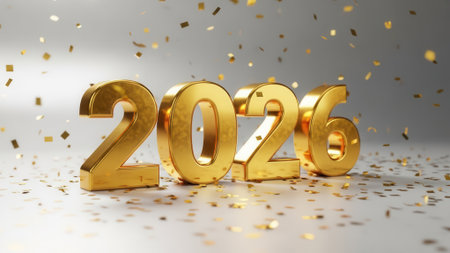 The year 2026 rendered in shiny gold 3D text, set against a bright background with festive golden confetti falling and scattered for a holiday celebration.の素材