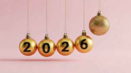 New Year 2026 concept with golden Christmas ornaments hanging like a Newtons cradle pendulum against a soft pink background. A festive and modern holiday celebration.の素材