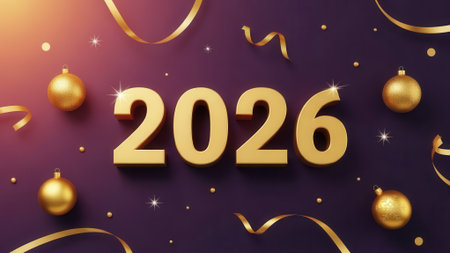 Golden 3D text for the year 2026 on a dark purple background, decorated with festive gold Christmas baubles, swirling ribbons, and sparkling confetti for a holiday celebration.の素材