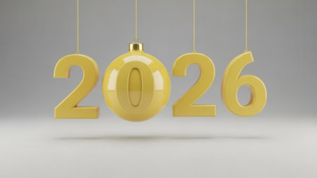 3D rendering of the year 2026 in yellow numbers. The zero is replaced by a festive Christmas bauble. All elements are hanging against a simple grey studio background.の素材