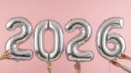 Celebrating the arrival of the year 2026 with shiny silver foil number balloons held up by hands against a simple pastel pink wall. Festive holiday concept.の素材