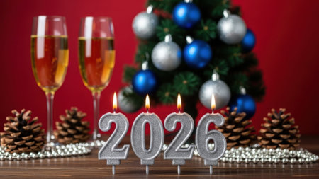 Burning silver candles showing the number 2026 with two glasses of champagne, a decorated Christmas tree, and pine cones on a red background for a New Year celebration.の素材
