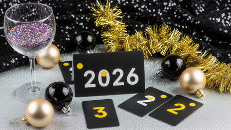 A festive scene for the New Year 2026 featuring a sign with the year, a glitter filled wine glass, gold tinsel, and black and gold baubles on a sequined background.の素材