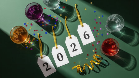 A festive flat lay for the New Year 2026 featuring number tags, glasses with various cocktails, and scattered confetti on a solid green background with hard shadows.の素材