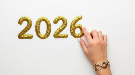 Top view of a female hand with a bracelet setting up golden foil numbers for the year 2026. A concept for new beginnings, planning, and festive holidays.の素材