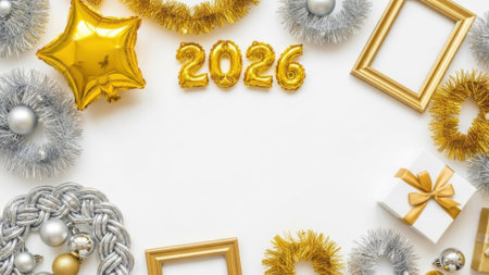 Festive New Year 2026 background with gold foil balloons wreaths ornaments and gift box on a white surface Top view copy space for holiday greetingsの素材