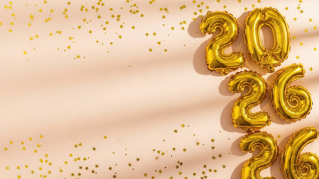 Shiny gold foil balloons forming the number 2026 lie on a beige surface with scattered glitter. Sunlight casts soft shadows creating a celebratory atmosphere with copy space.の素材