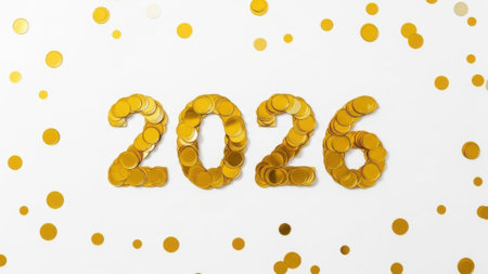 Top view of the number 2026 composed of gold coins. Scattered golden confetti decorates the white surface. A concept for New Year, finance, and celebration.の素材