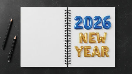 A festive concept for the year 2026 featuring shiny balloon text on a notebook page. The scene includes pens and a blank area for custom messages or resolutions.の素材